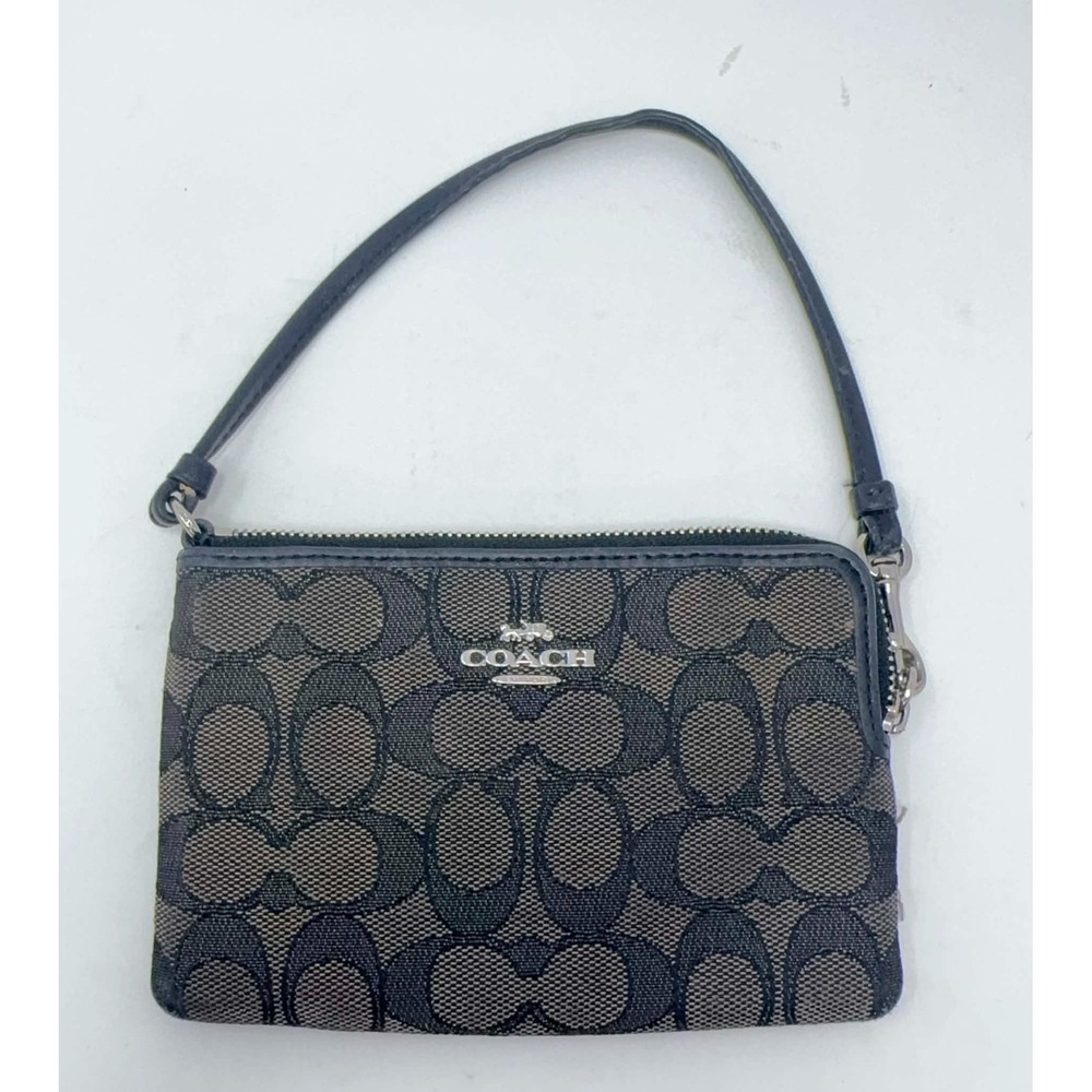 Coach 64233 Signature Corner Zip Wristlet Black Smoke Canvas Midnight Navy Blue